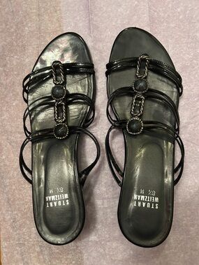 Stuart Weitzman Black Strappy Jeweled Slide Sandals Size 8.5